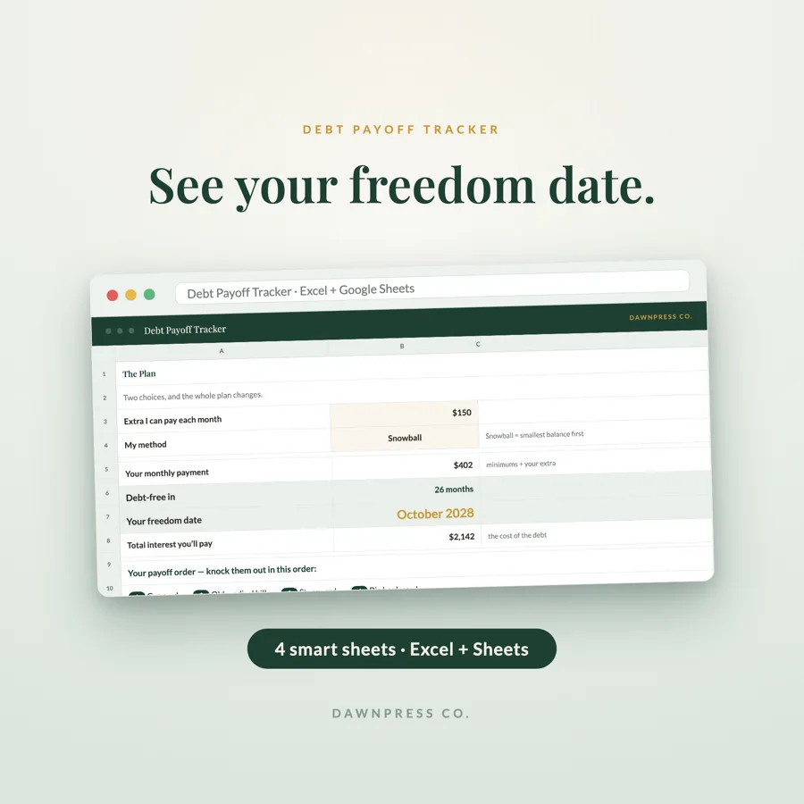 Debt Payoff Tracker cover in evergreen and gold, with progress pages fanned behind