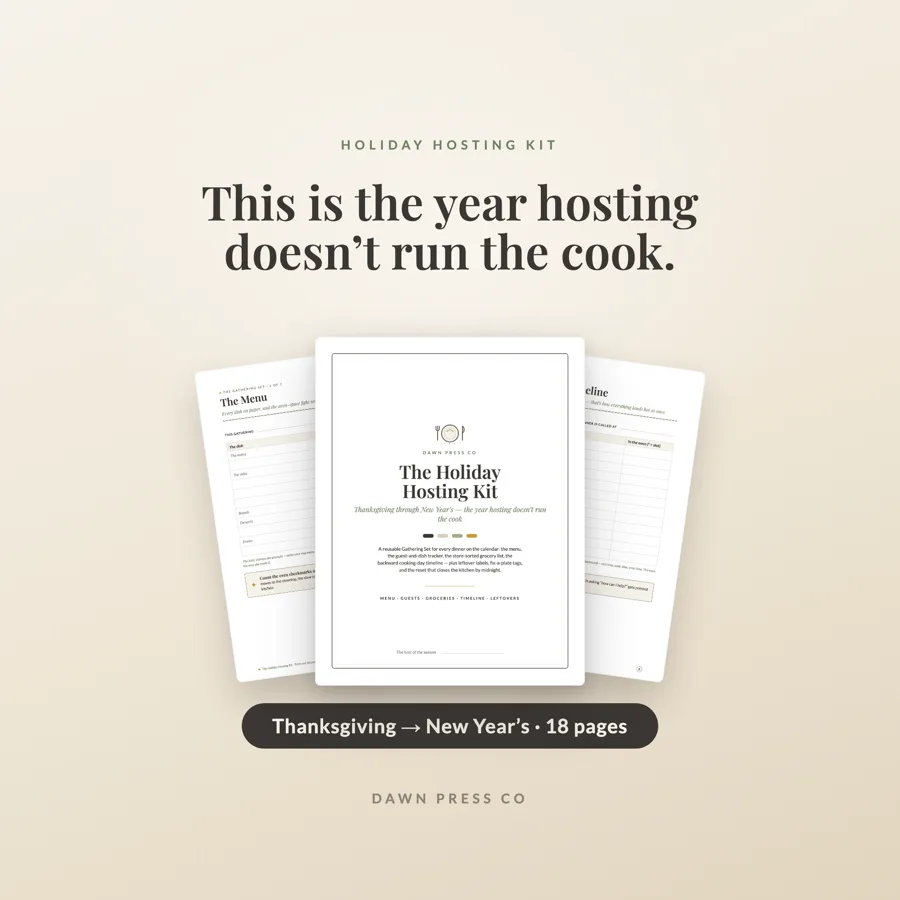 Holiday Hosting Kit cover in warm neutrals, with menu and timeline pages