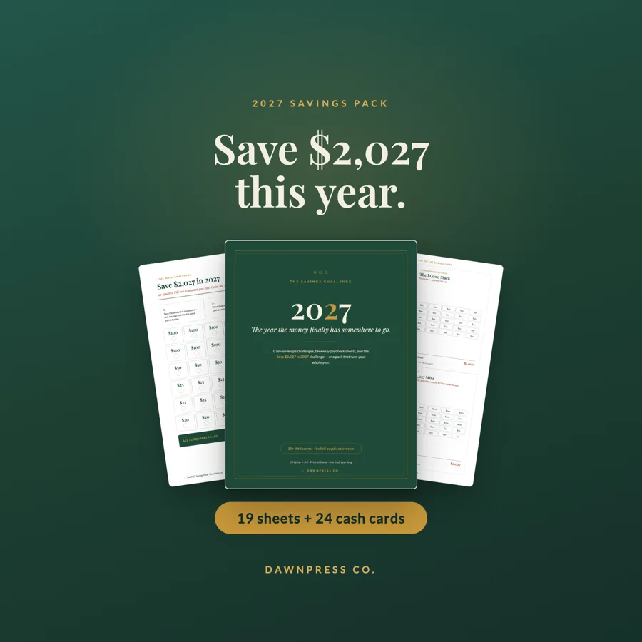 2027 Savings Pack cover in evergreen with gold 2027, cash challenge sheets fanned behind