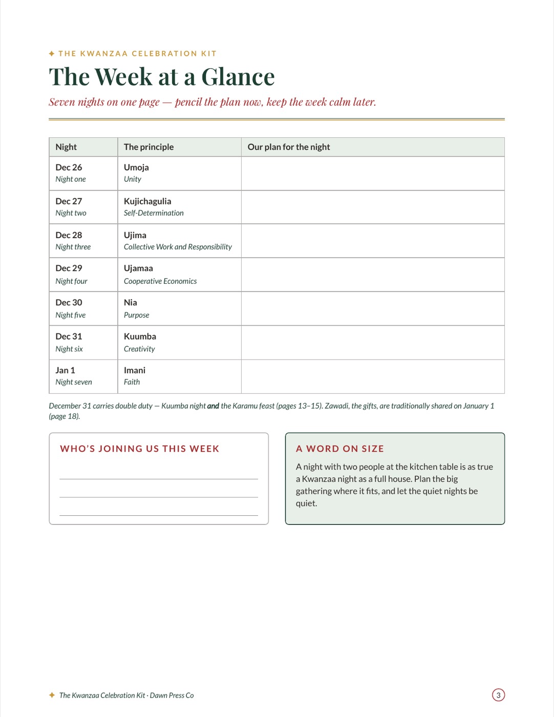 The Week at a Glance: a table listing all seven Kwanzaa nights, Dec 26 through Jan 1, with the principle for each night and a blank line to write the family's plan