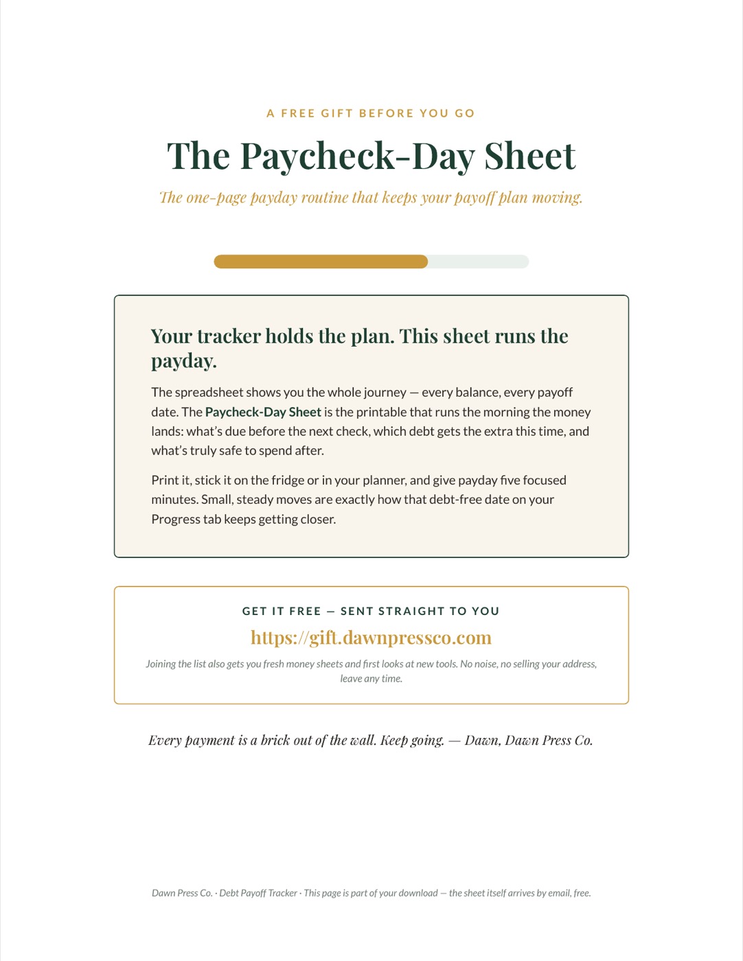 The Paycheck-Day Sheet: a free one-page payday routine from the Debt Payoff Tracker, with a link to join the list for more money sheets